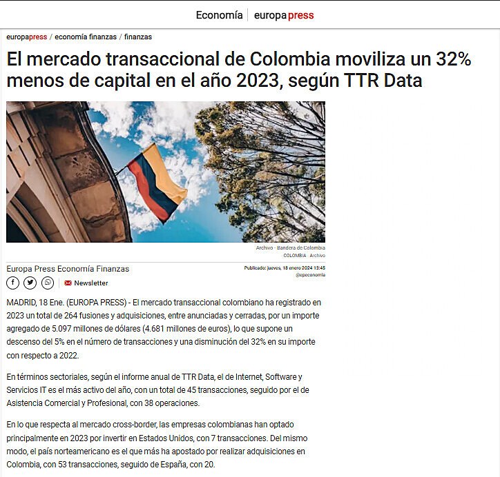 El mercado transaccional de Colombia moviliza un 32% menos de capital en el ao 2023, segn TTR Data